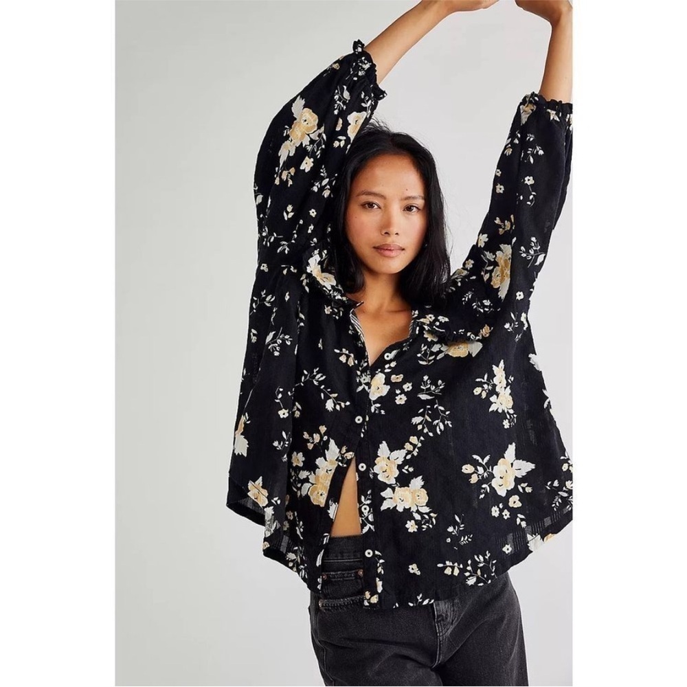 Free People Blushing Blossom Button Up Wide Collar Statement Sleeved Shirt